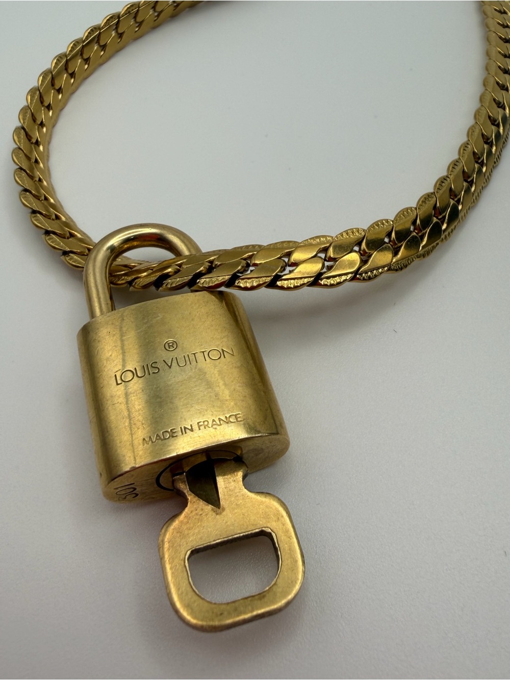 Authentic Louis Vuitton Padlock & Key #301  on Gold Tone Stainless Steel Chain
